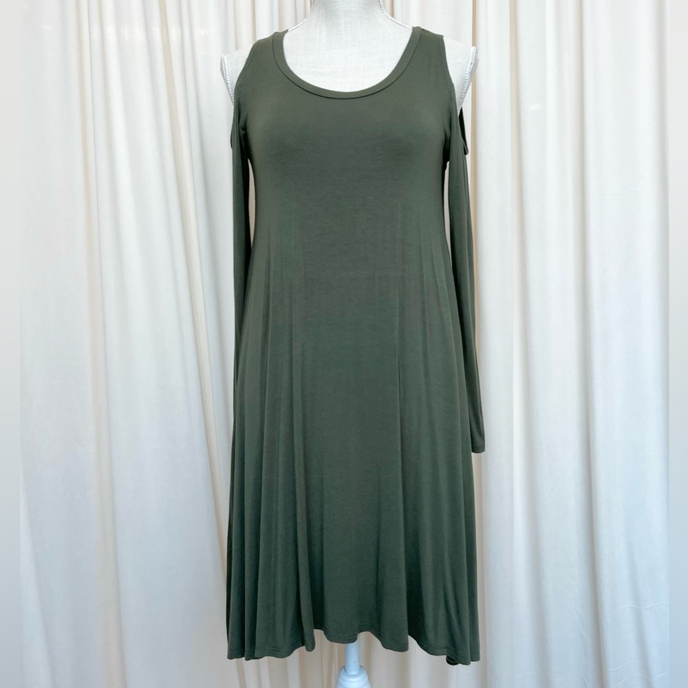 Green Cold Shoulder Long Sleeve Tshirt Dress - Small